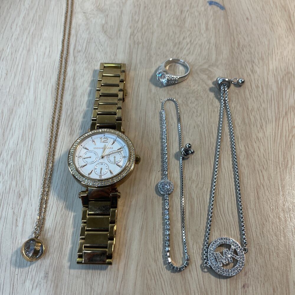 Michael Kors Gold Chronograph Watch MK Sterling Silver Bracelet Jewelry Lot 5pc